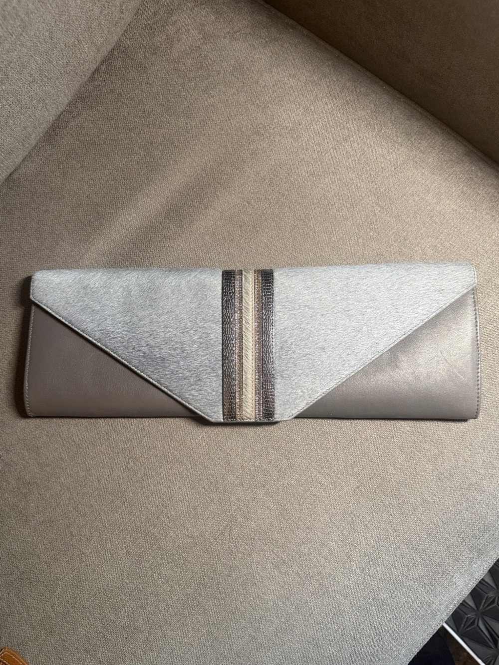 Aspen True Gray Haircalf Leather Envelope Clutch Oversized Evening Bag